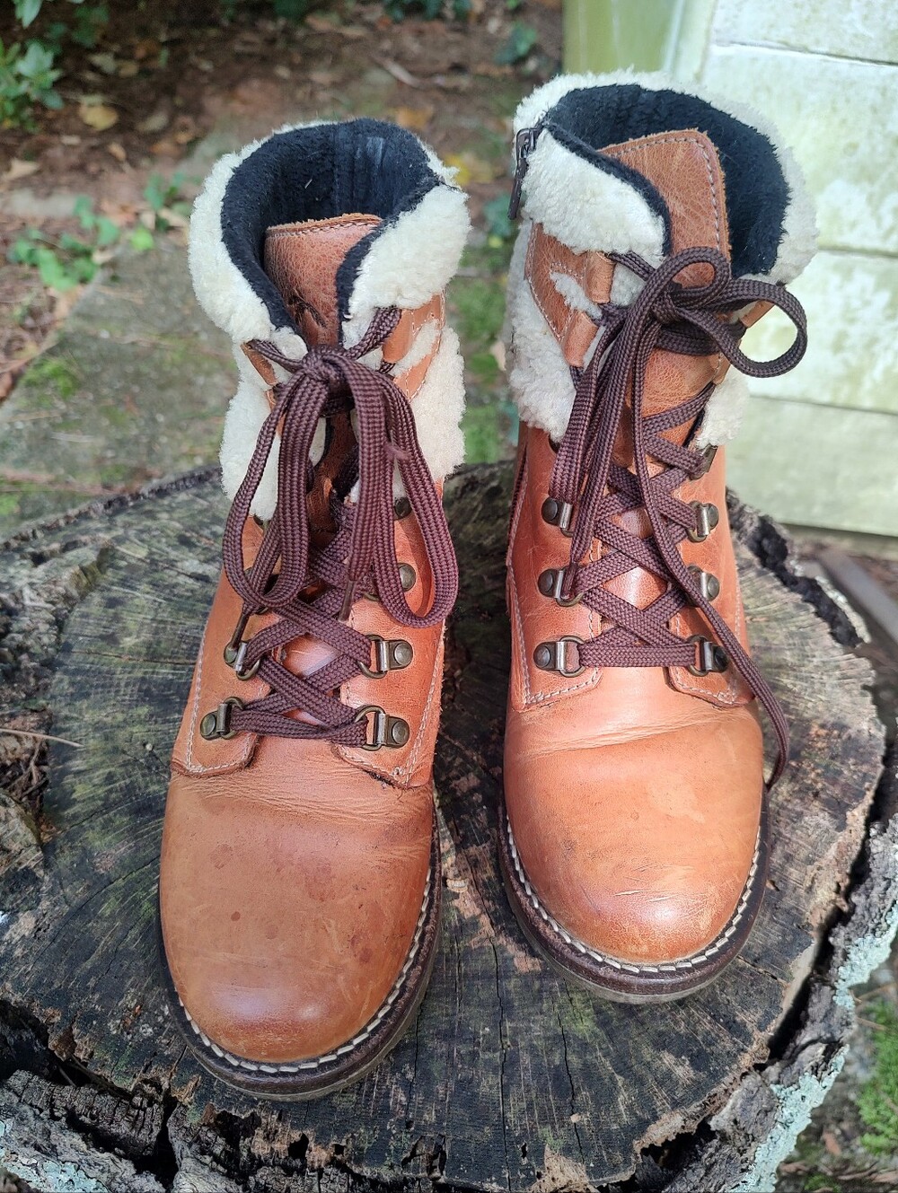 🏵️ Dromedaris Fleece Faux Fur Leather Brown Lace Up Ankle Boots Women's 38